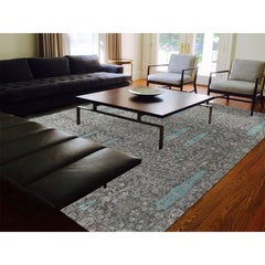 10'x10' Gray Cypress Tree Design Silk with Textured Wool Hand Knotted Square Rug