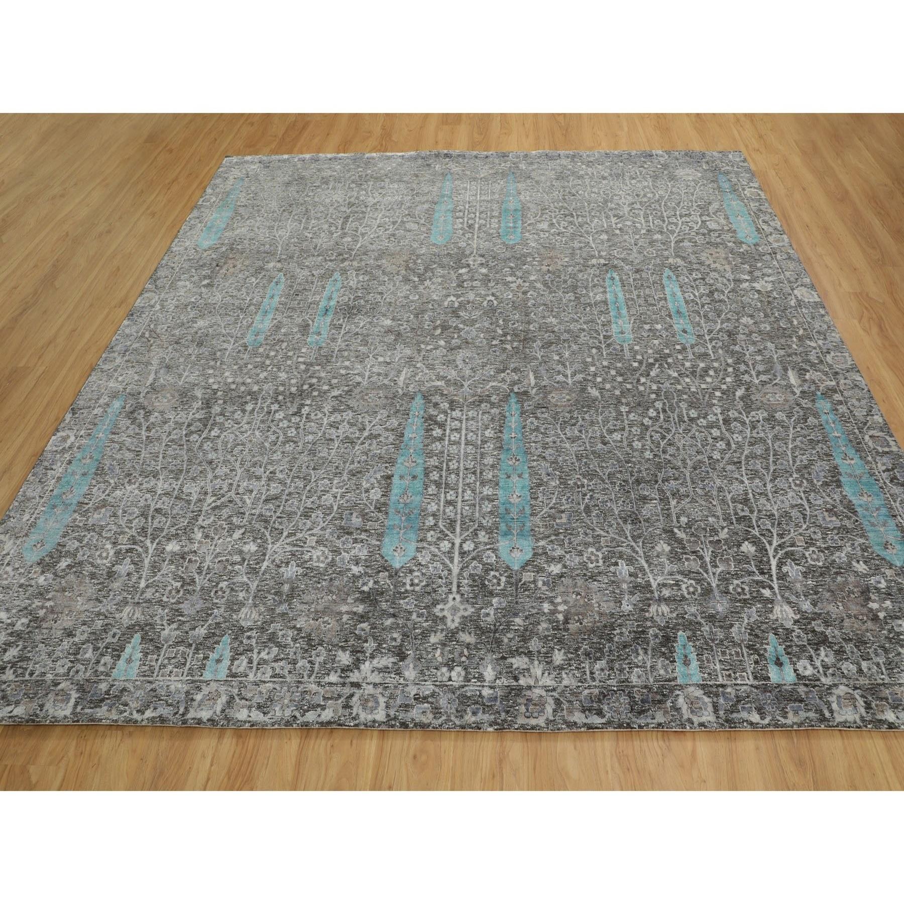 Medieval 10'x10' Gray Cypress Tree Design Silk with Textured Wool Hand Knotted Square Rug For Sale