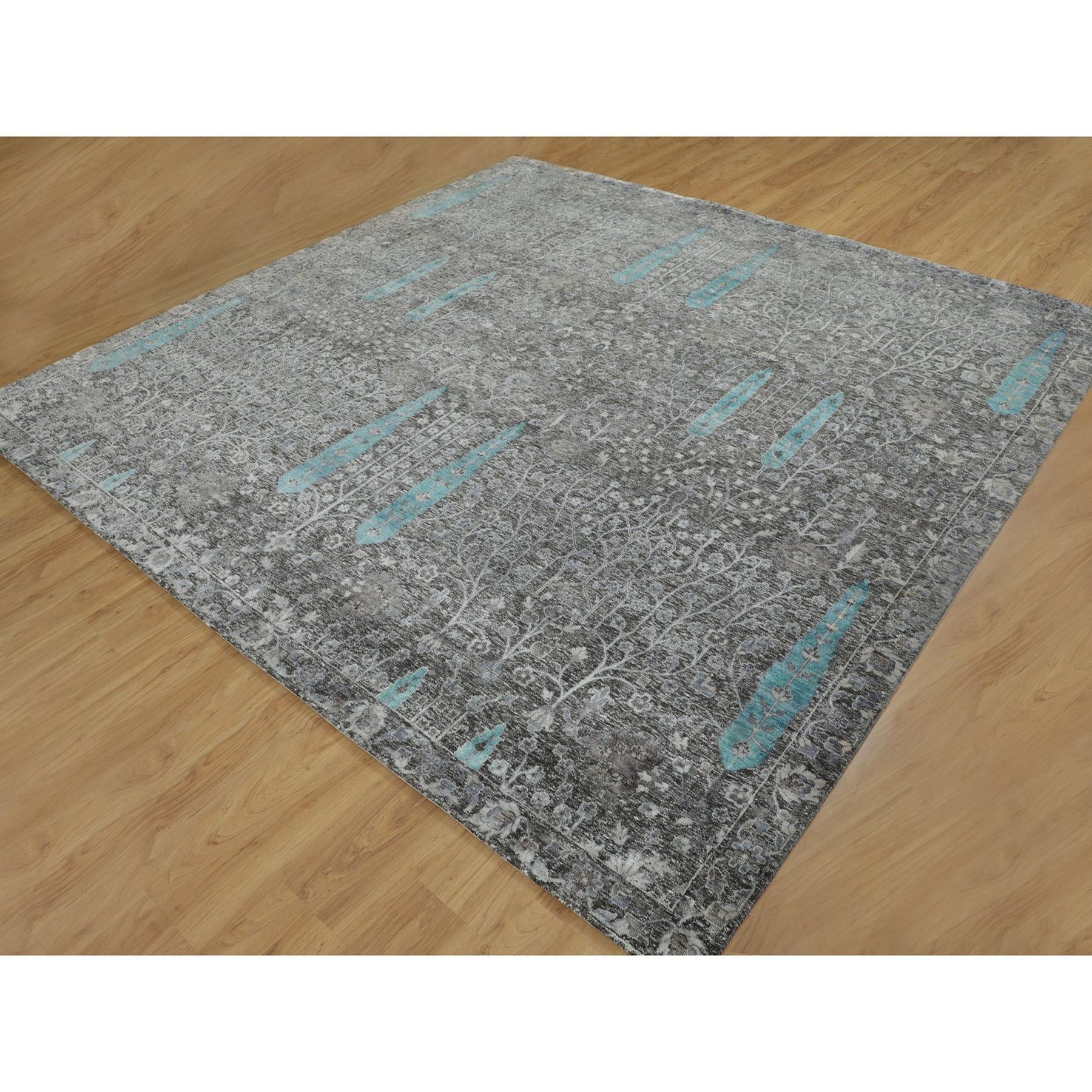 Indian 10'x10' Gray Cypress Tree Design Silk with Textured Wool Hand Knotted Square Rug For Sale