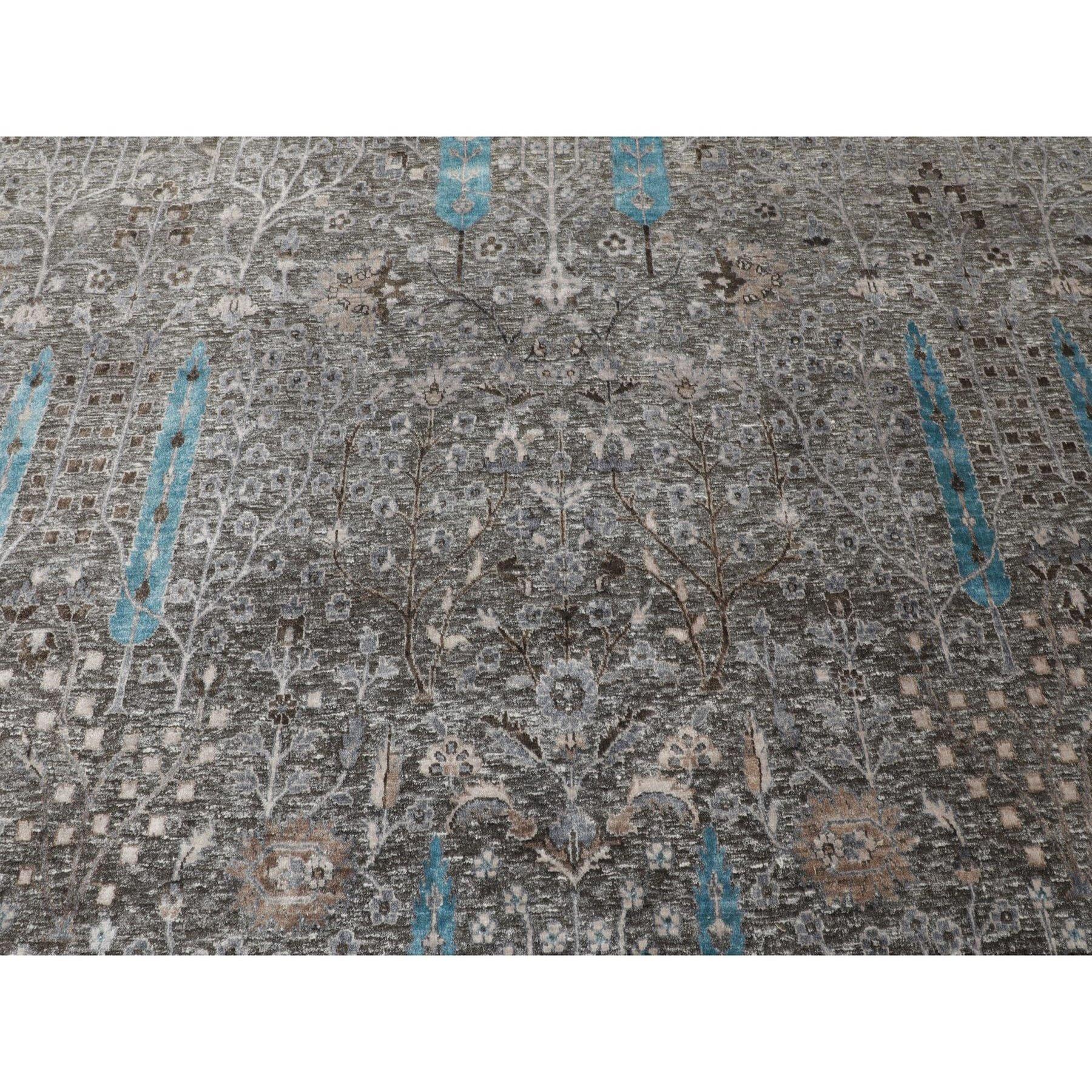 10'x10' Gray Cypress Tree Design Silk with Textured Wool Hand Knotted Square Rug For Sale 2
