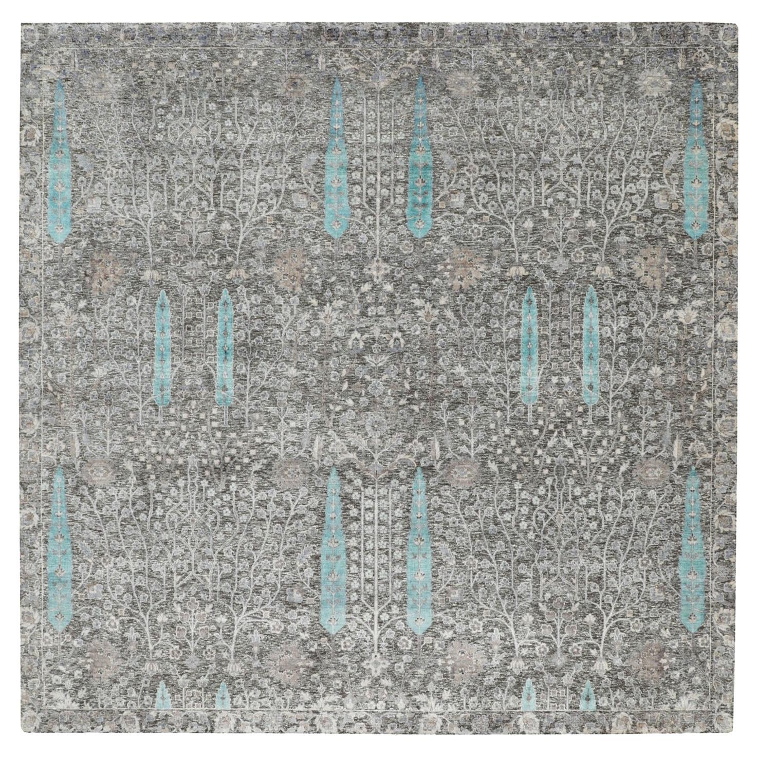 10'x10' Gray Cypress Tree Design Silk with Textured Wool Hand Knotted Square Rug For Sale