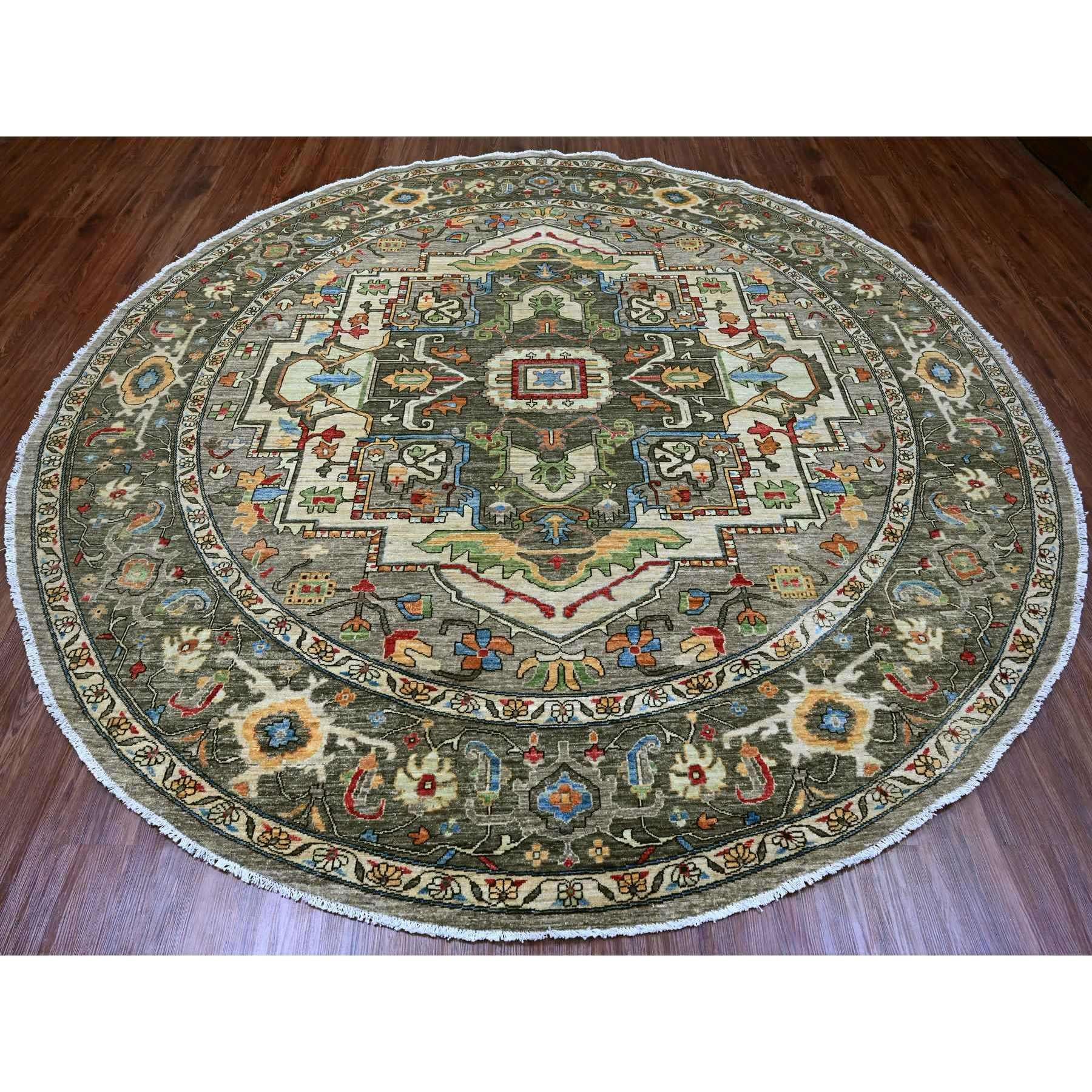 Sonic Gray, Peshawar with Heriz Design, Densely Woven, Aryana Collection, High Mountain Wool, Hand Knotted, Vegetable Dyes, Round, Oriental Rug
Primary materials: Wool
Latex: No Pile 
height: 0.25 Inches
Style: Transitional
Primary color:
