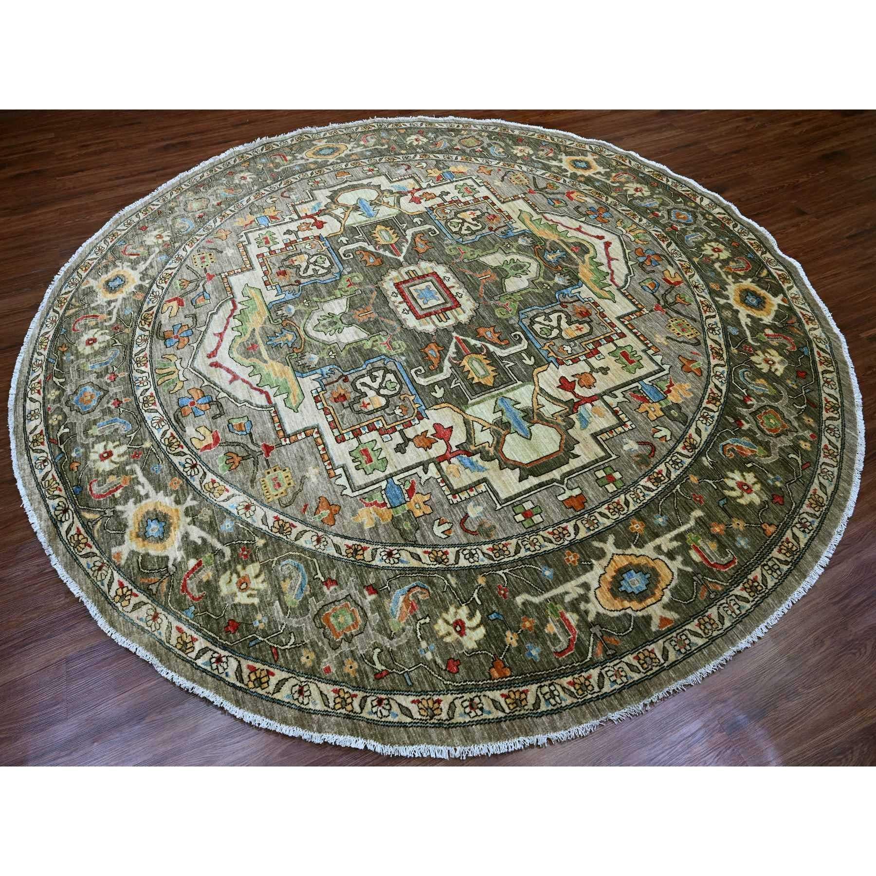 Oushak 10'x10' Gray Peshawar Heriz Design Densely Woven Hand Knotted Wool Round Rug For Sale