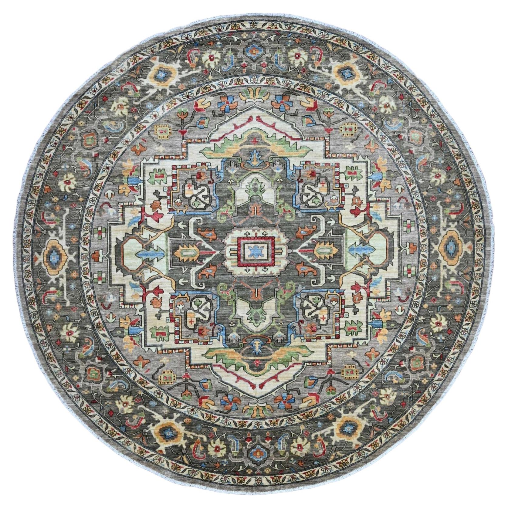 10'x10' Gray Peshawar Heriz Design Densely Woven Hand Knotted Wool Round Rug