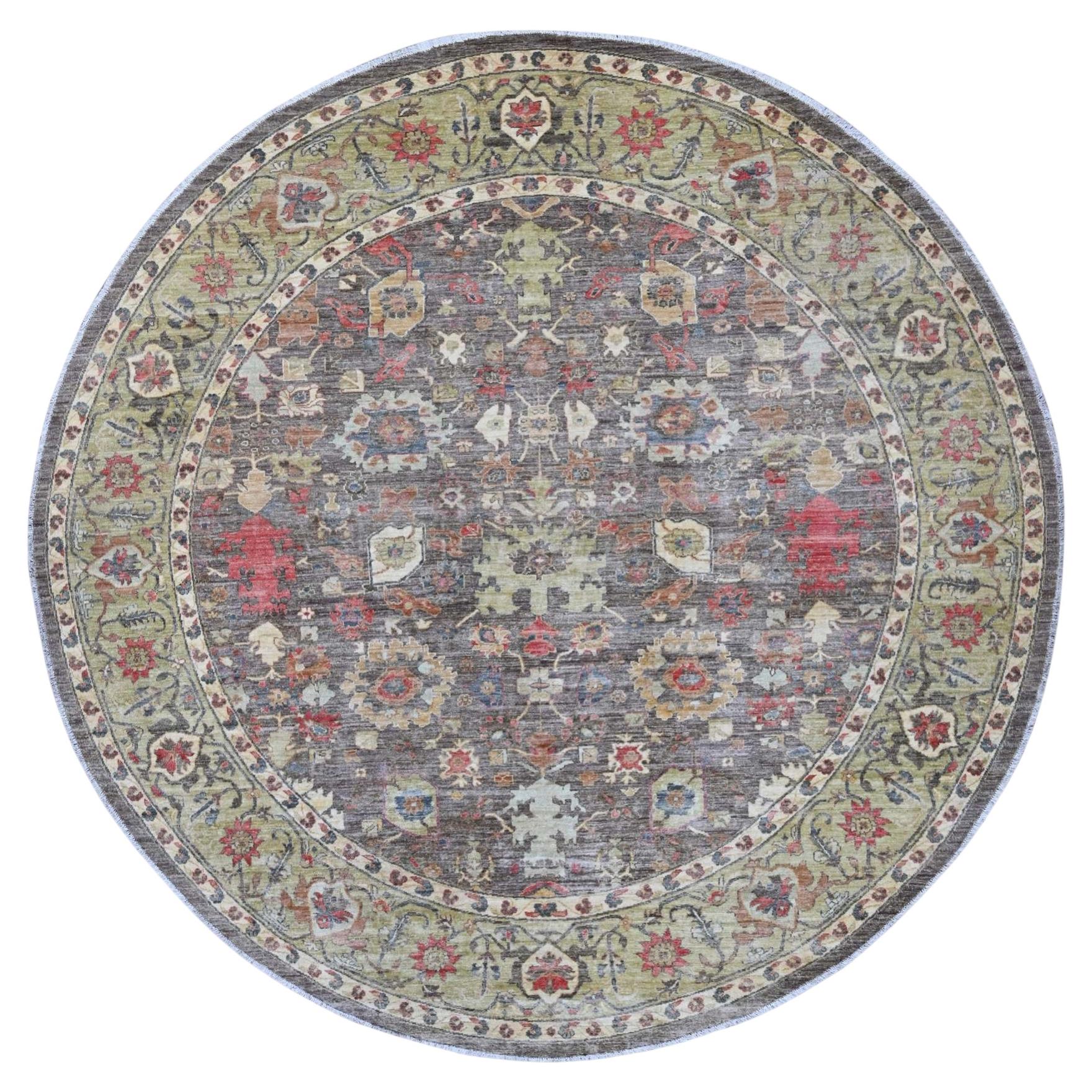 10'x10' Gray Peshawar with Ziegler Mahal Design Hand Knotted Wool Round Rug For Sale