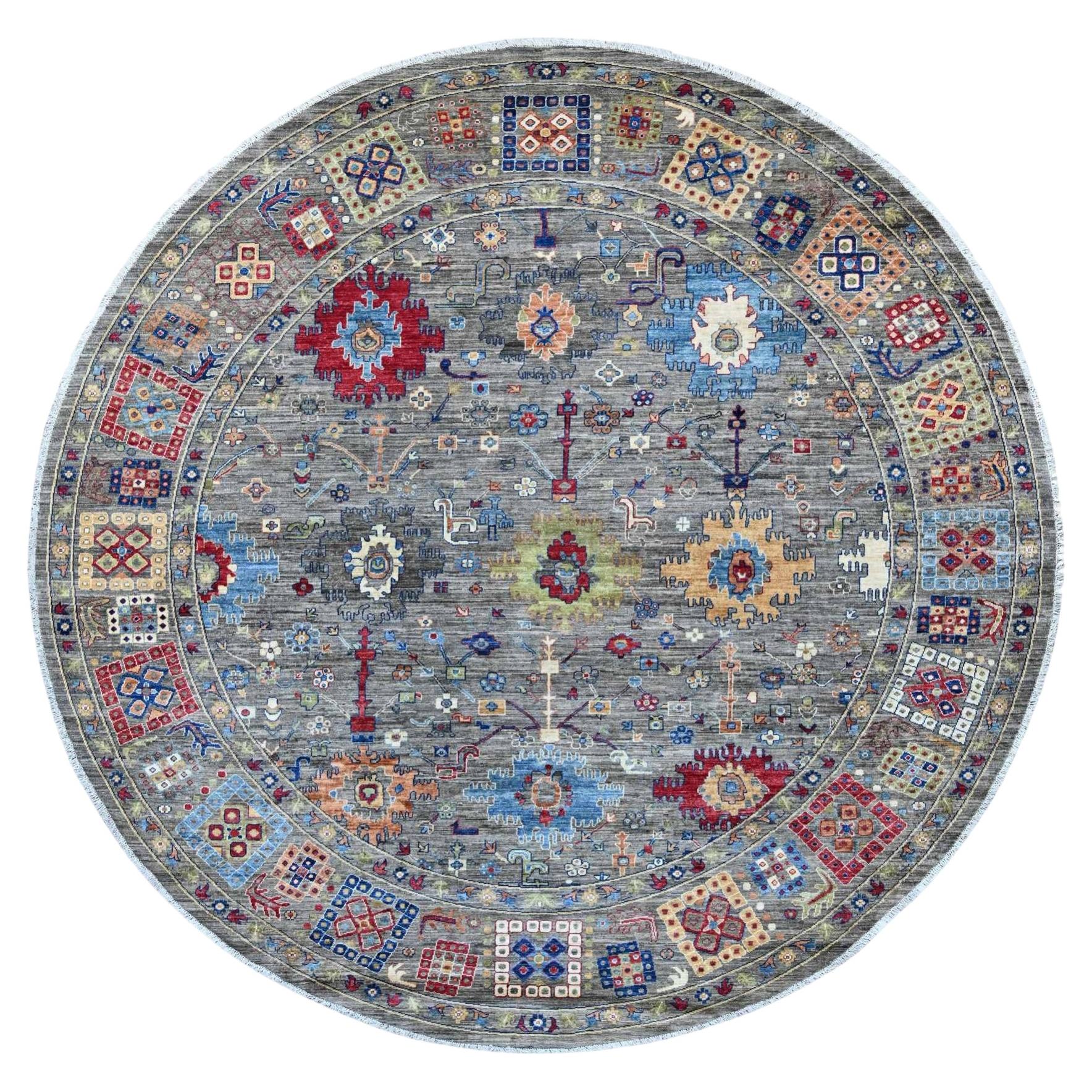 10'x10' Gray Peshawar with Ziegler Mahal Design Hand Knotted Wool Round Rug