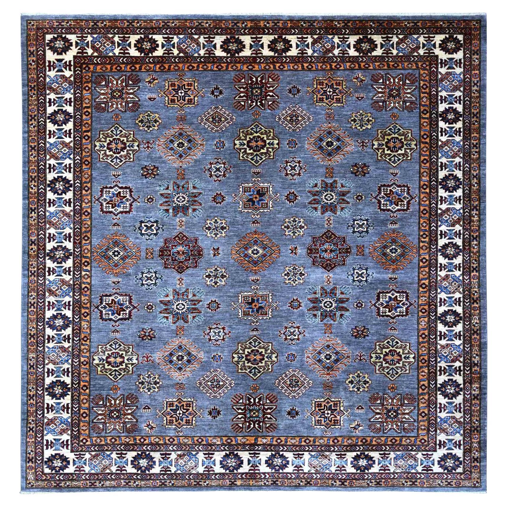 10'x10' Gray Promenade White Hand Knotted Afghan Super Kazak All Wool Square Rug
