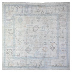 Tapis oriental carré Oushak en laine afghane angora grise et vibrante nouée à la main 10'x10'