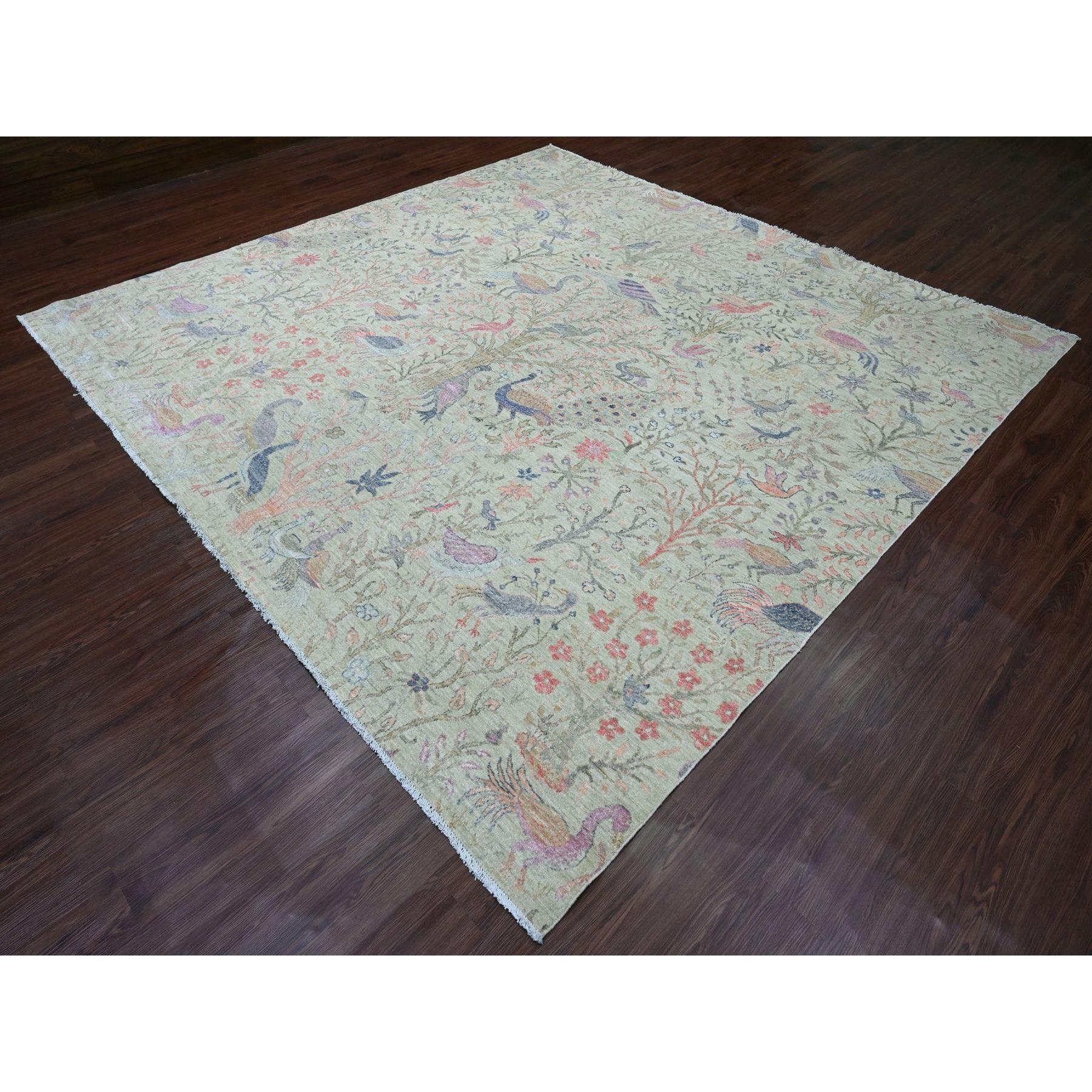 Oushak 10'x10' Verde Annodato a mano Peshawar Birds of Paradise Design Tappeto quadrato interamente in lana in vendita
