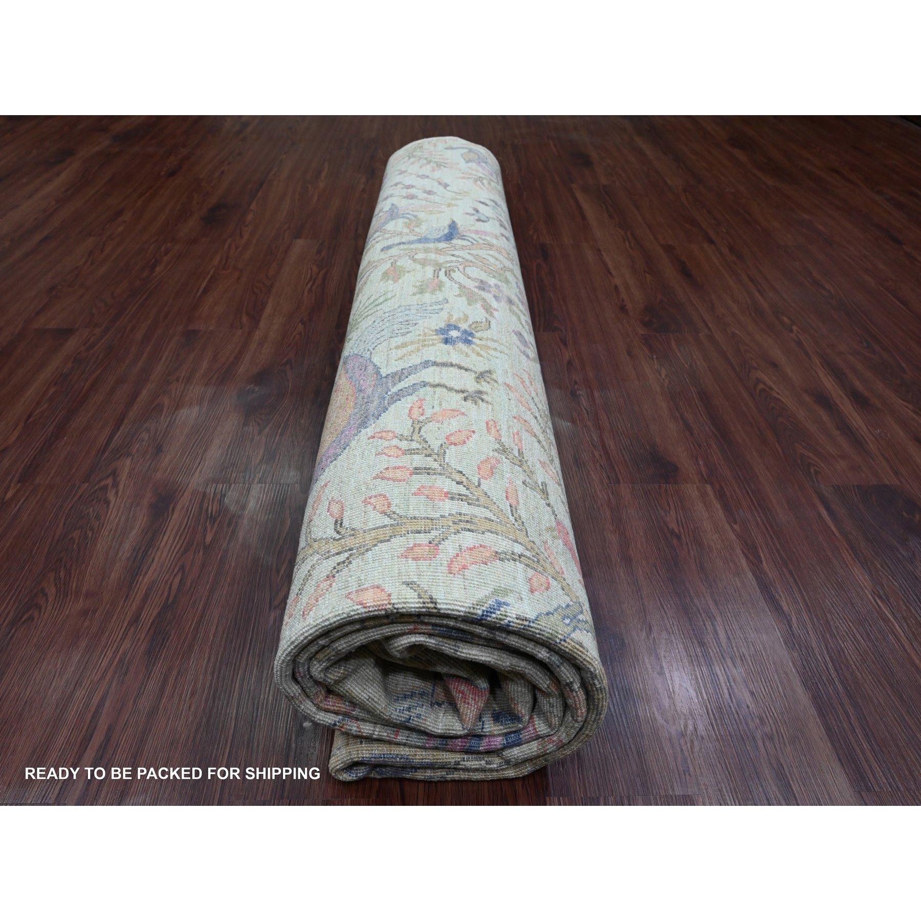 10'x10' Verde Annodato a mano Peshawar Birds of Paradise Design Tappeto quadrato interamente in lana in vendita 2