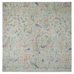 10'x10' Green Hand Knotted Peshawar Birds of Paradise Design All Wool Square Rug