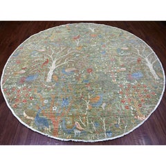 10'x10' Green Peshawar Birds of Paradise Design Hand Knotted Wool Round Rug
