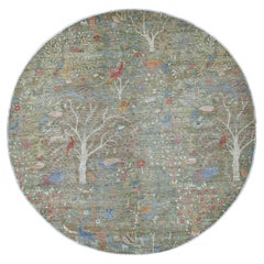 10'x10' Green Peshawar Birds of Paradise Design Hand Knotted Wool Round Rug