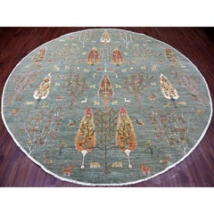 10'x10' Grüner Peshawar mit Zypressenbaum-Design Handgeknüpfter Wollteppich rund
