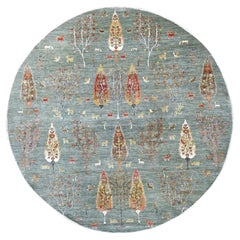 10'x10' Grüner Peshawar mit Zypressenbaum-Design Handgeknüpfter Wollteppich rund