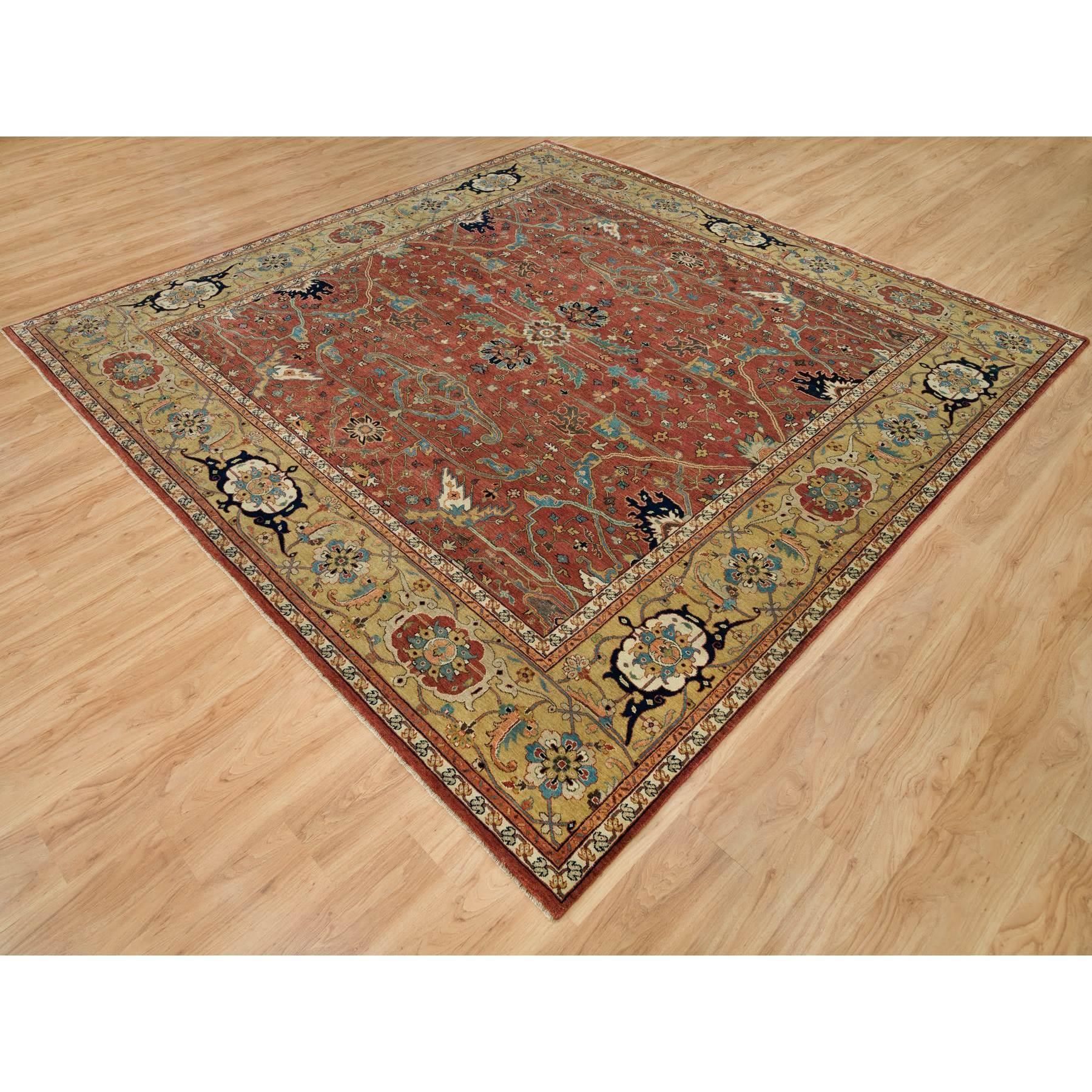 Tribal 10'x10' Henna Red Antiqued Heris Hand Knotted Wool Square Oriental Rug For Sale