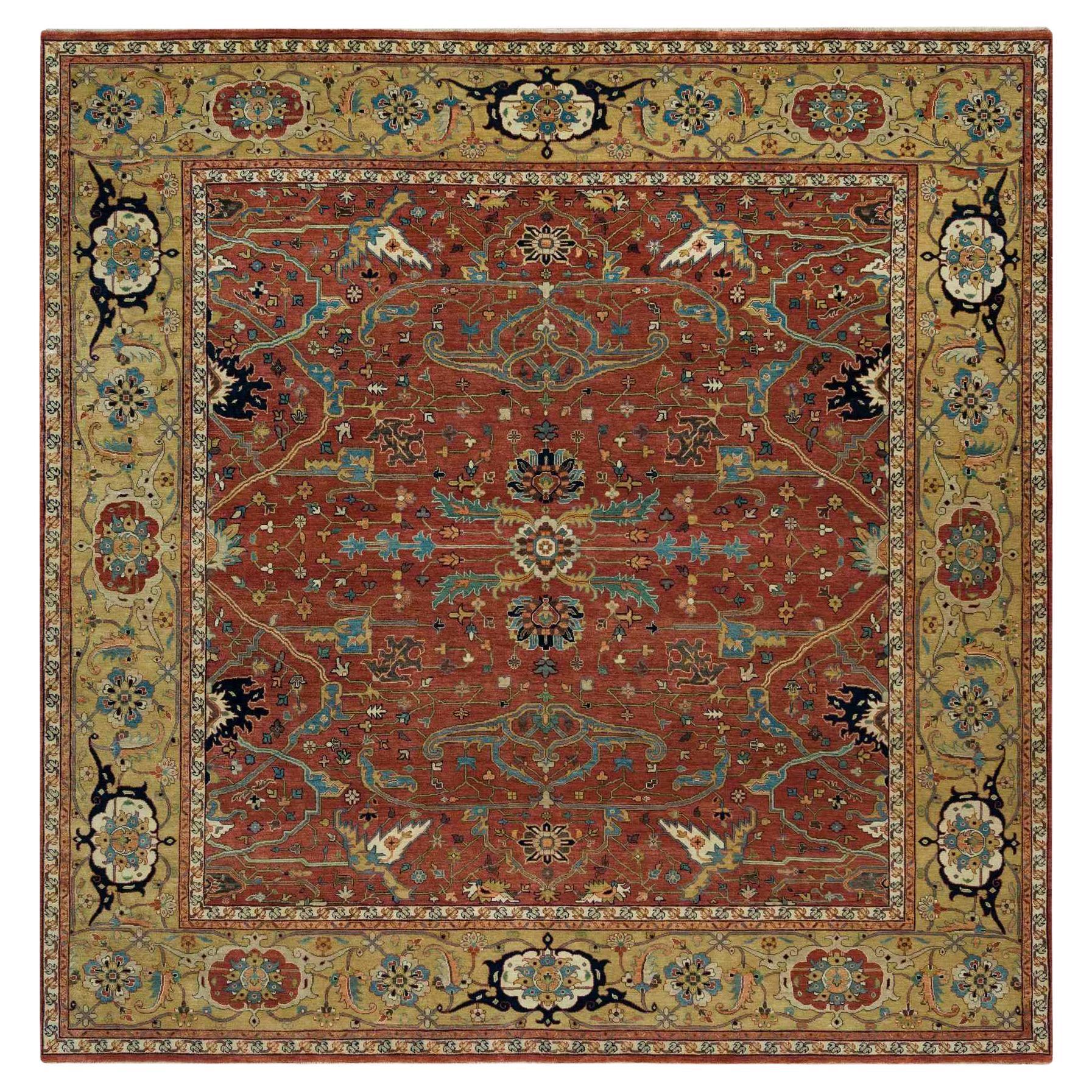 10'x10' Henna Red Antiqued Heris Hand Knotted Wool Square Oriental Rug For Sale