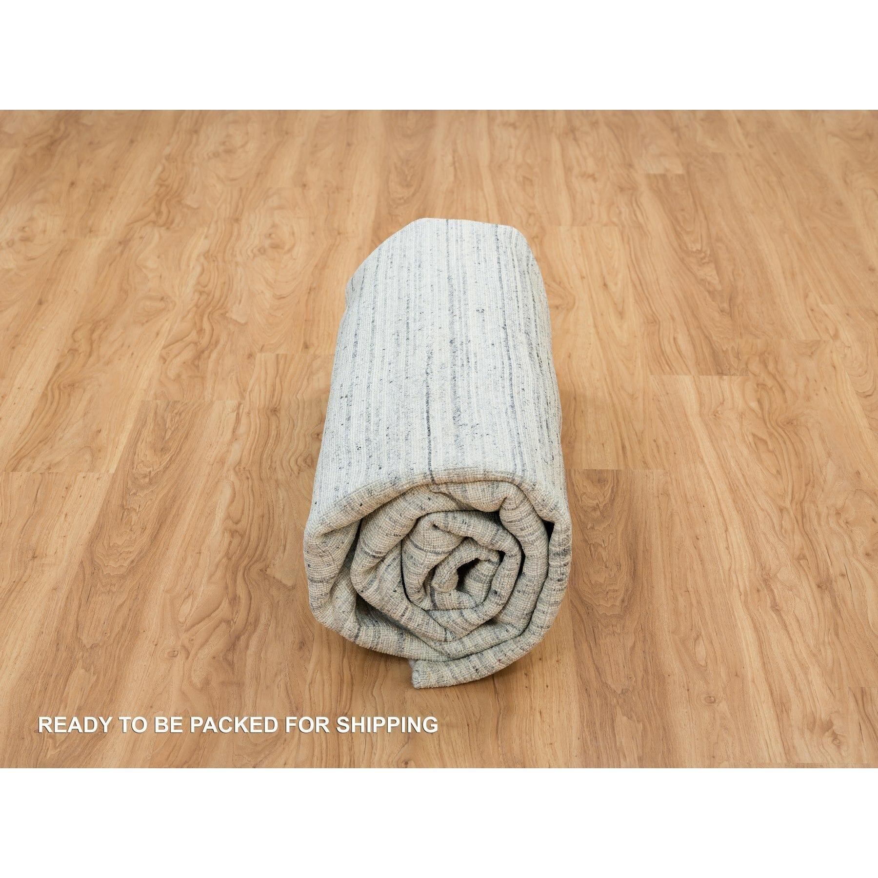 10'x10' Avorio, Tappeto rotondo in pura lana, tessuto a mano con disegno a righe moderno e semplice in vendita 1