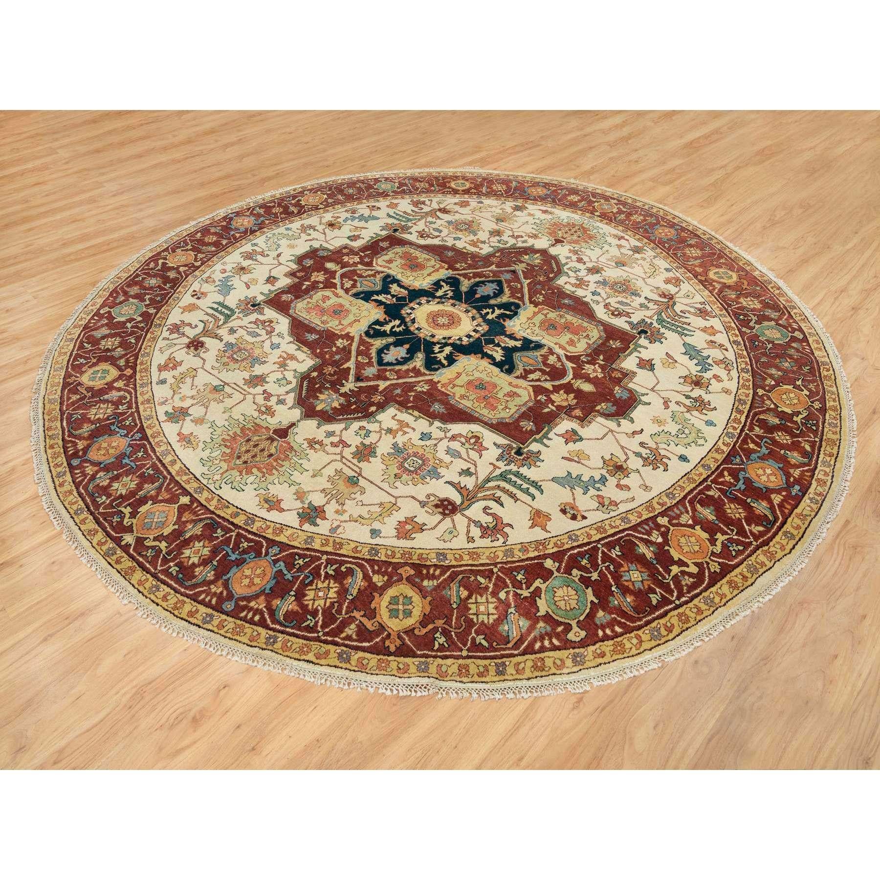 10'x10' Elfenbeinfarbener Heriz Re-Creation Handgeknüpfter runder orientalischer Teppich aus 100% Wolle (Heriz Serapi) im Angebot