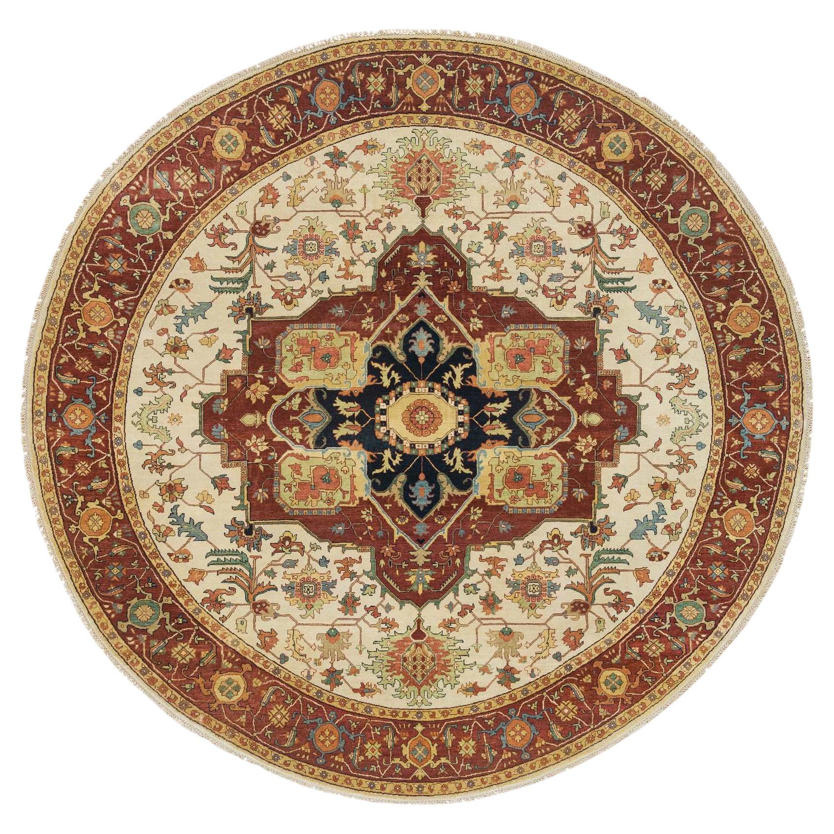 10'x10' Ivory Heriz Re-Creation Hand Knotted 100% Wool Round Oriental Rug