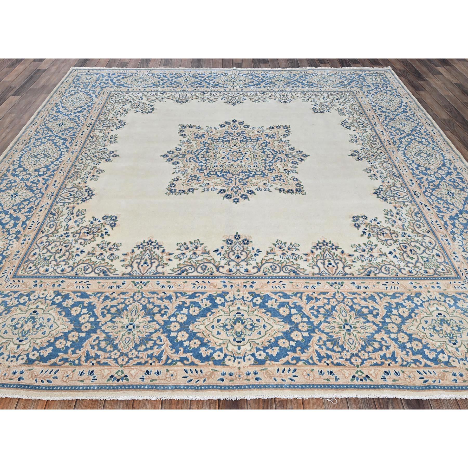 Alabaster White, Vintage Persian Kerman, Good Condition, Clean and Soft, Full Pile, Square, 100% Wool, Hand Knotted, Oriental Rug
Primary materials: Wool
Latex: No Pile 
height: 0.25 Inches
Style: Traditional
Primary color: Ivory
Secondary colors: