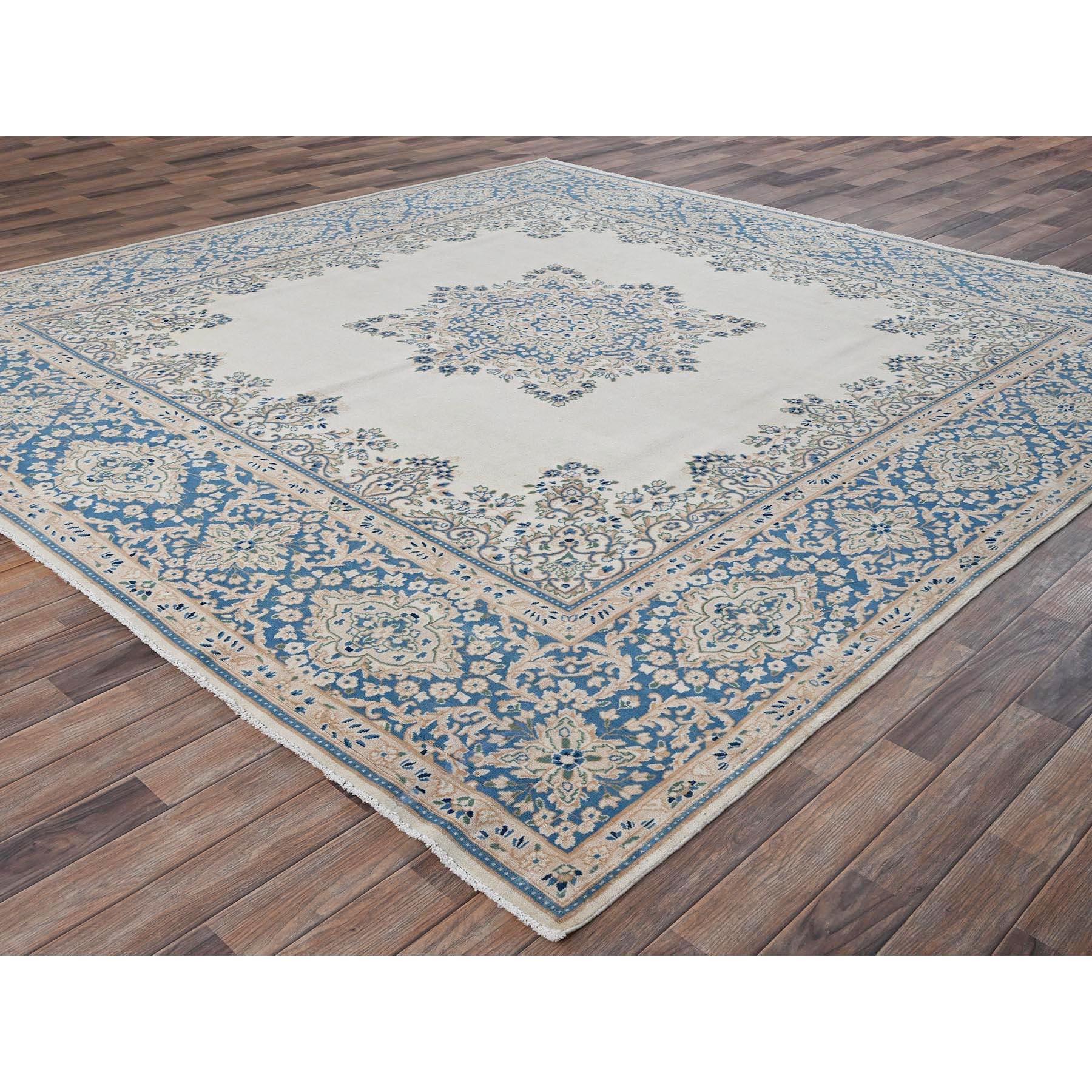 Hand-Knotted 10'x10' Ivory Vintage Persian Kerman Hand Knotted Soft Wool Square Rug For Sale