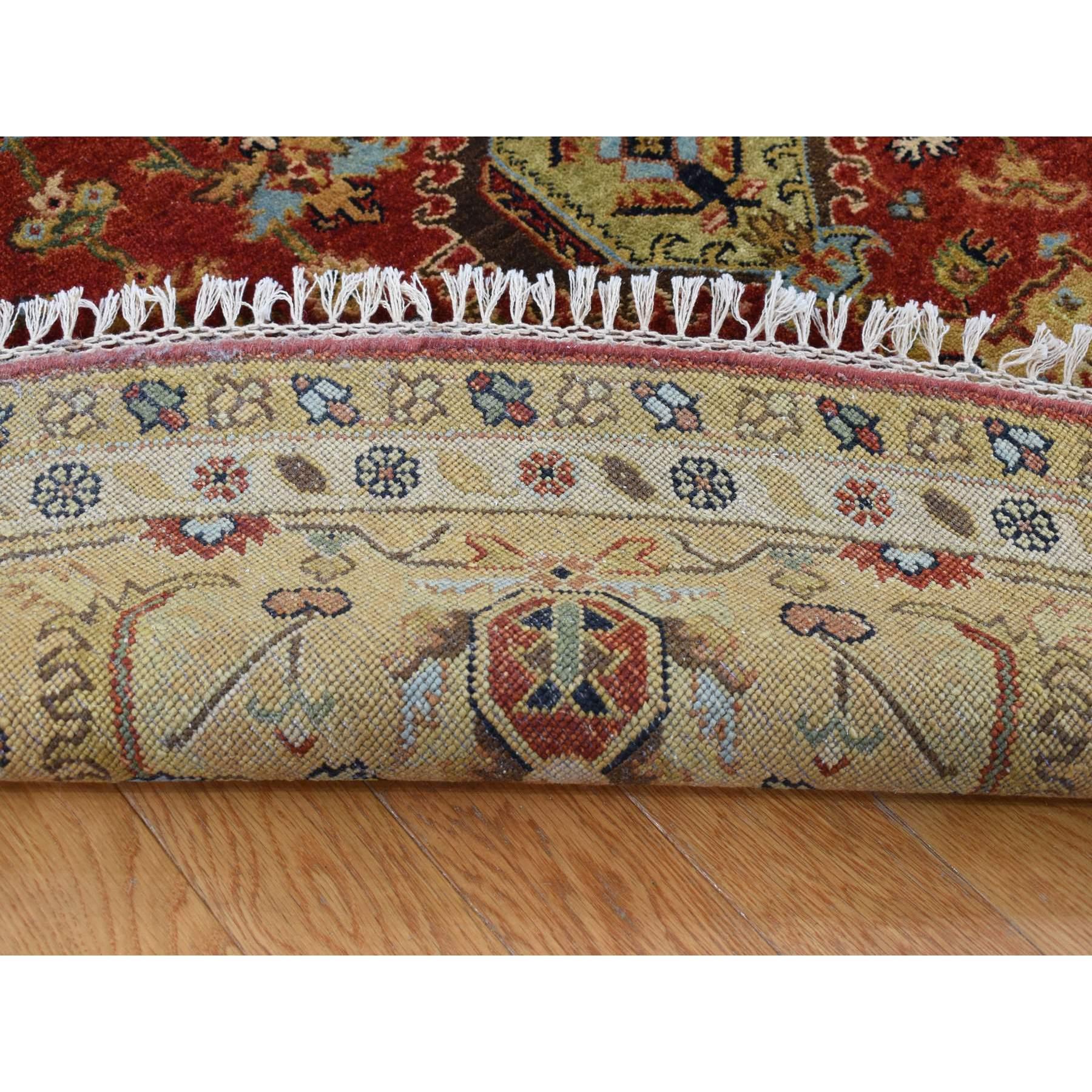 Heriz Serapi 10'x10' Maroon Red Hand Knotted Karajeh Design Pure Wool Round Rug For Sale
