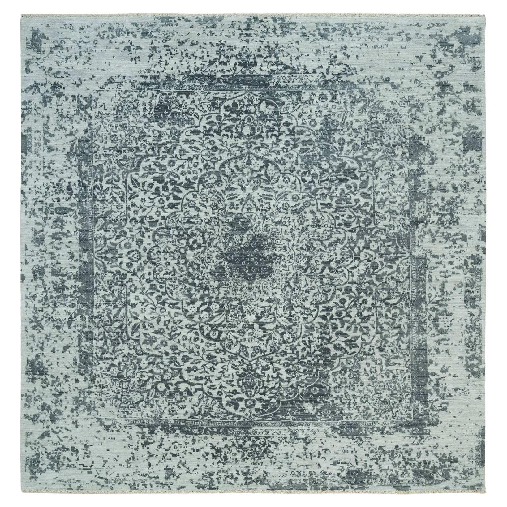 10'x10' Misty Gray Handgeknüpfter Broken Persischer quadratischer Teppich aus Wolle und Seide in Grau