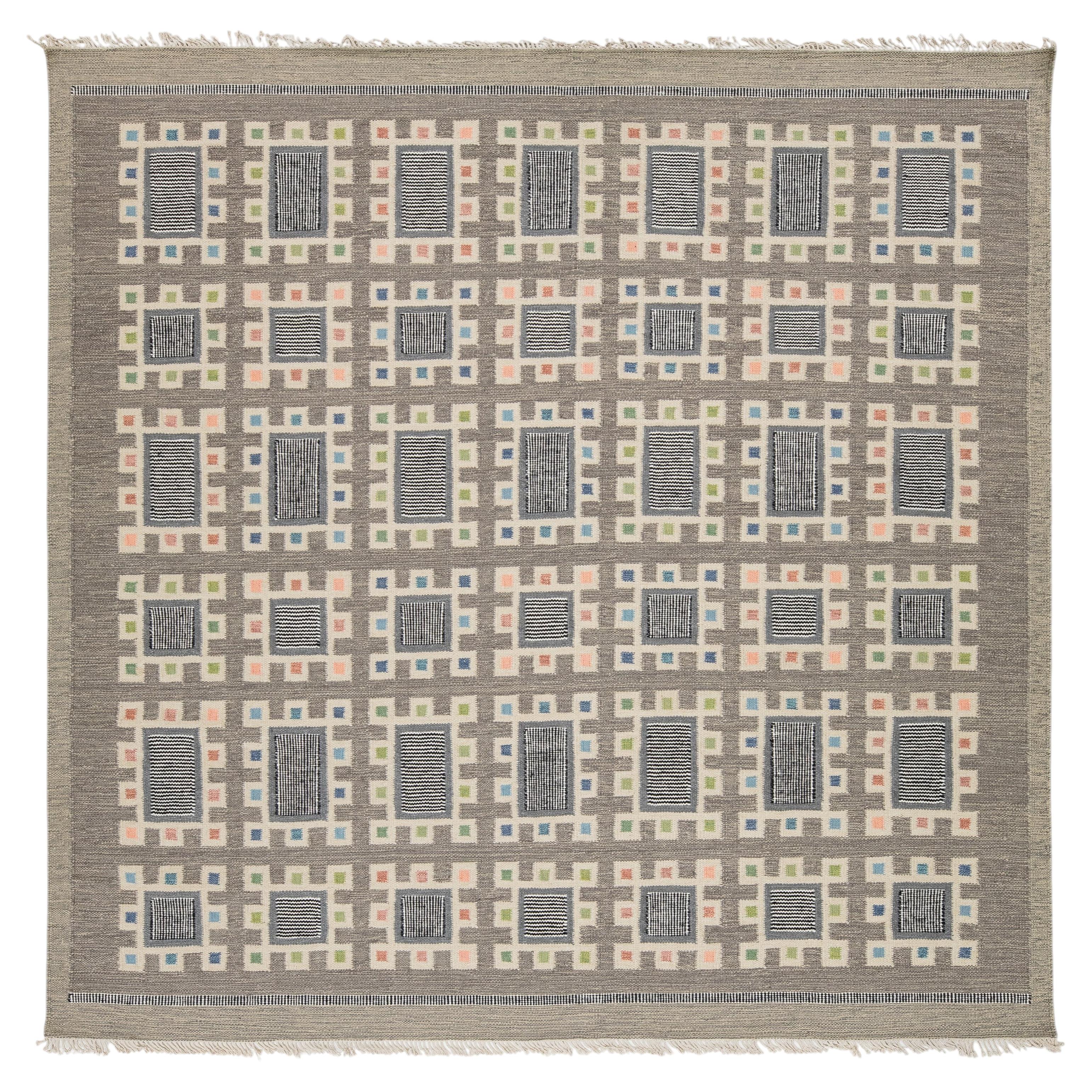 10X10 Modern Scandinavian Swedish Style Wool Rug in Charcoal, Sage, and Pastels For Sale