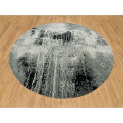 10'x10' Obsidian Black Hand Knotted Abstract Wool and Silk Round Oriental Rug