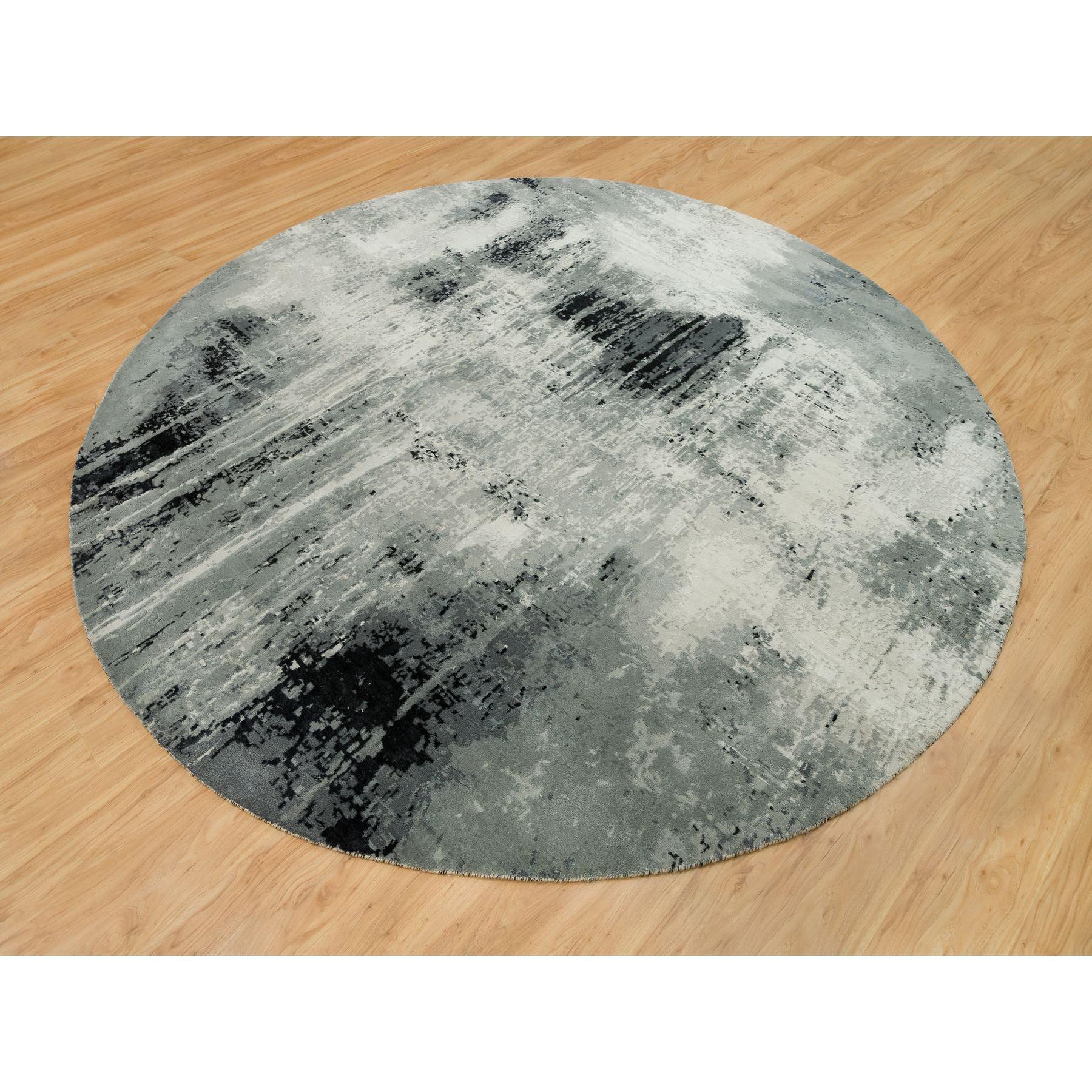 Moderno 10'x10' Obsidian Black Tappeto orientale rotondo astratto in lana e seta annodato a mano in vendita
