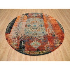 10'x10' Orange, Ancient Ottoman Erased Design, Wool, Hand Knotted Round Rug