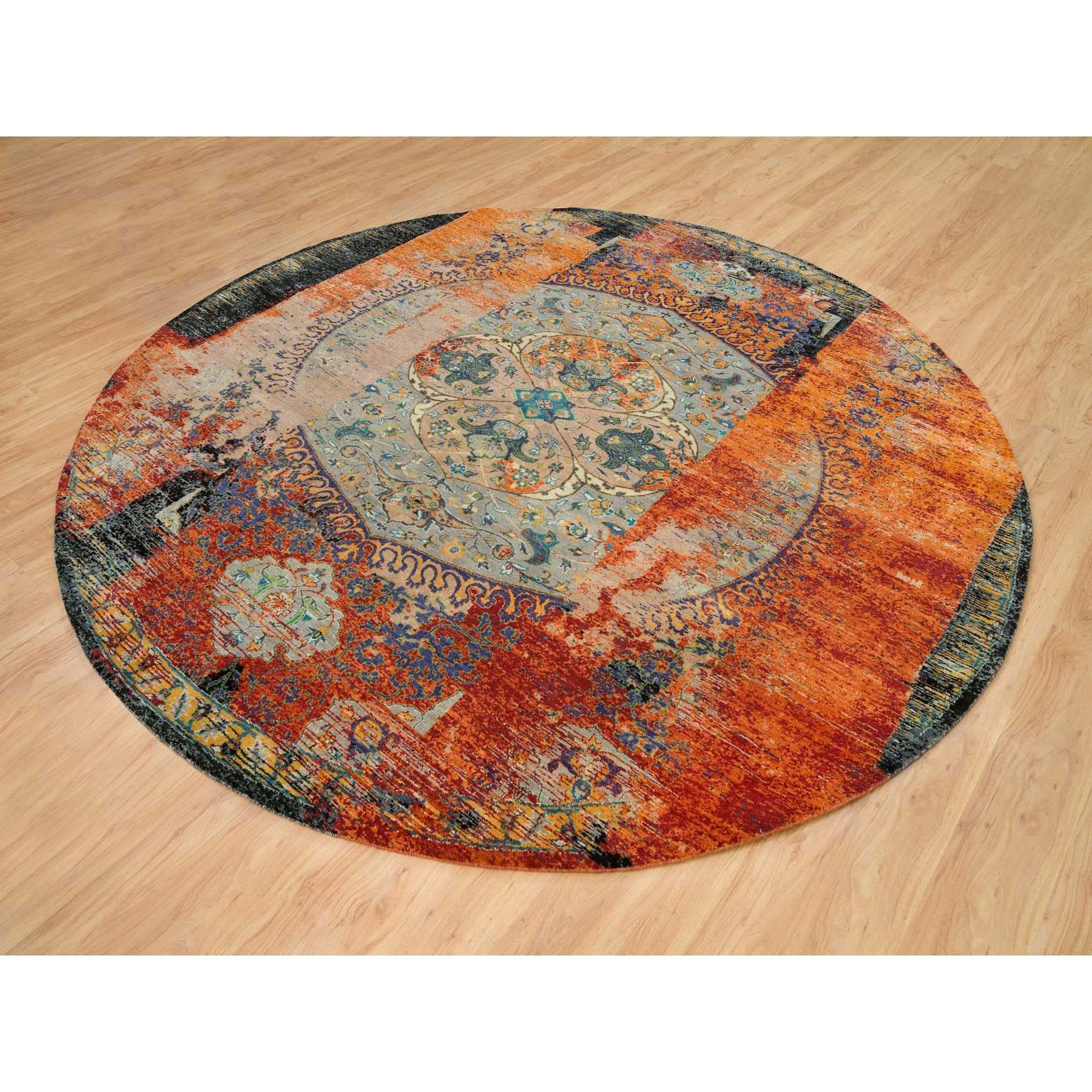 Indiano 10'x10' Arancione, Antico Ottomano Design Cancellato, Lana, Tappeto rotondo annodato a mano in vendita
