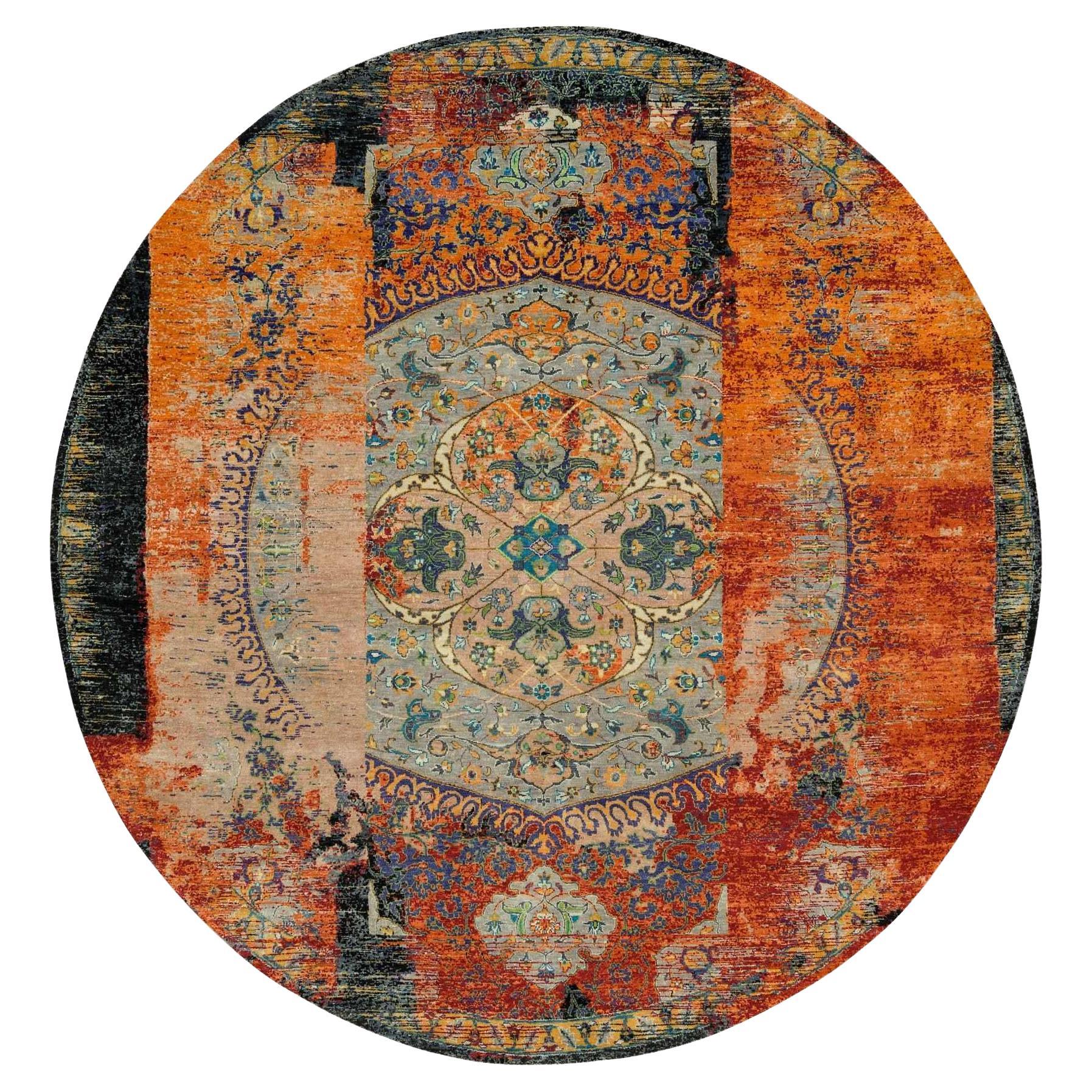 10'x10' Arancione, Antico Ottomano Design Cancellato, Lana, Tappeto rotondo annodato a mano in vendita