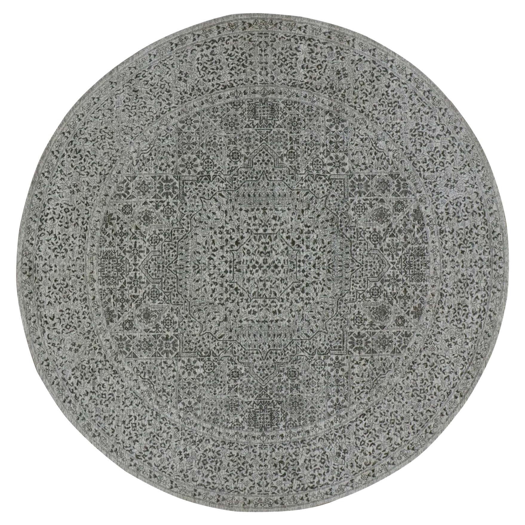 Tappeto rotondo Oxford White annodato a mano in lana organica della dinastia Mamluke non tinto