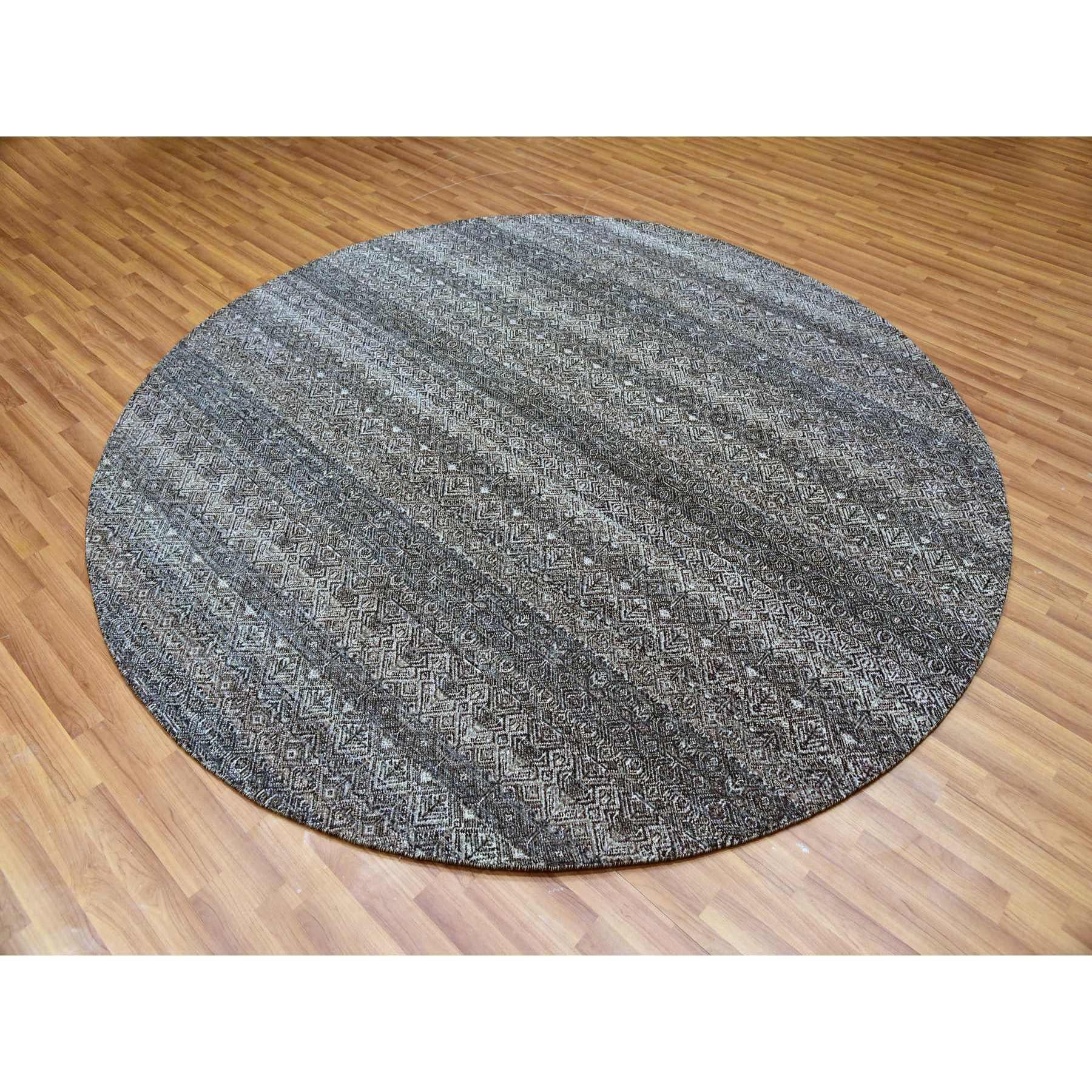 Moderne 10'x10' Perle Noir Gris Tapis rond en laine pelucheuse Kohinoor Herat nouée à la main en vente