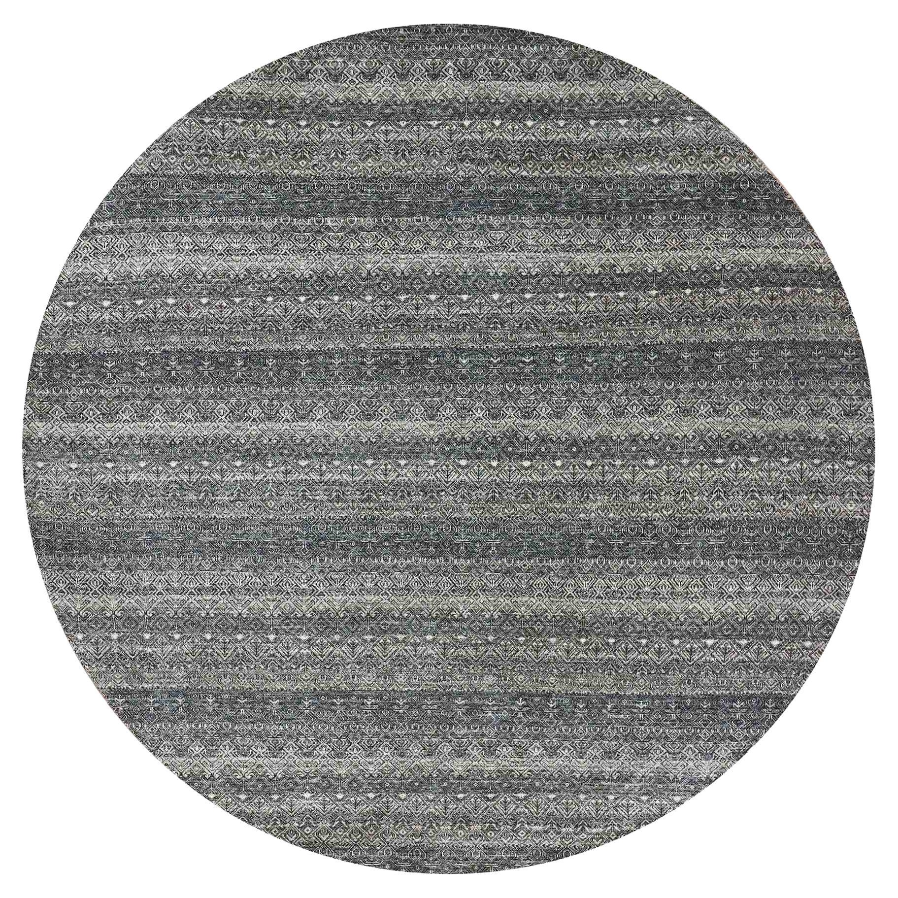 10'x10' Perle Noir Gris Tapis rond en laine pelucheuse Kohinoor Herat nouée à la main