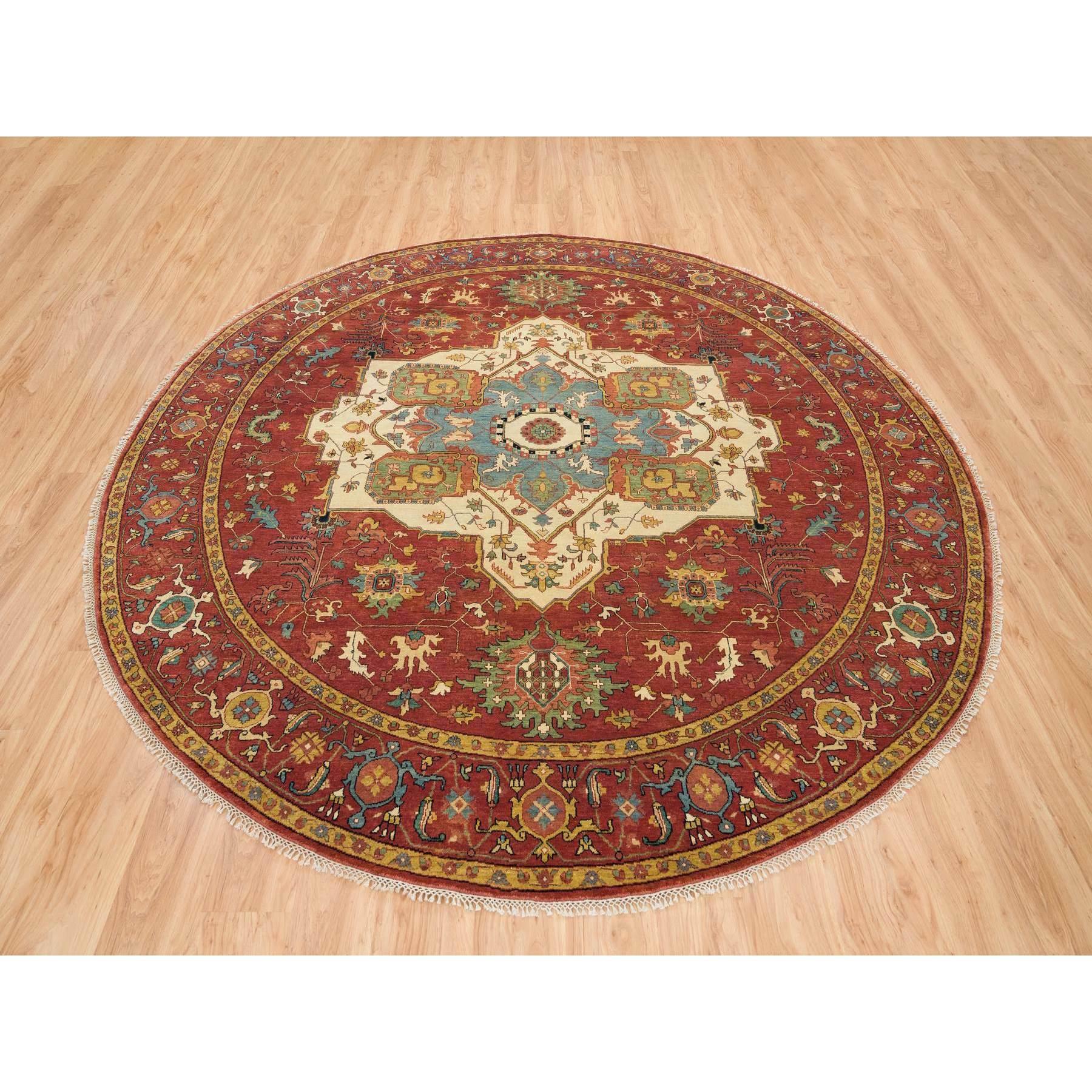 Terracotta Red, Hand Knotted, Antiqued Fine Heriz Re-Creation, Dense Weave, Natural Dyes, 100% Wool, Round Oriental Rug
Primary materials: Wool
Latex: No Pile 
height: 0.25 Inches
Style: Traditional
Primary color: Red
Secondary colors: Green, Navy