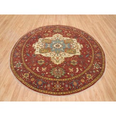 10'x10' Roter handgeknüpfter feiner Heriz Re-Creation Wolle Runder Orientteppich