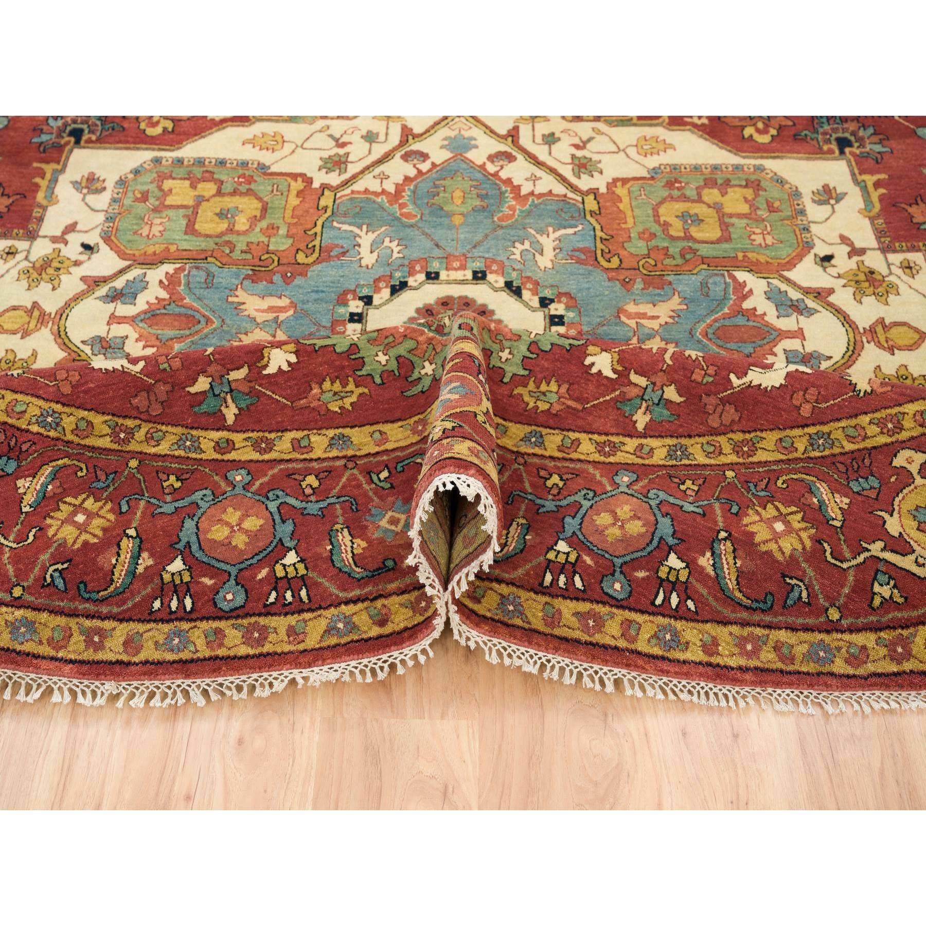 Hand-Knotted 10'x10' Red Hand Knotted Fine Heriz Re-Creation Wool Round Oriental Rug For Sale