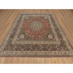 10'x10' Red Tabriz with Flower Medallion Design Hand Knotted Wool Square Rug