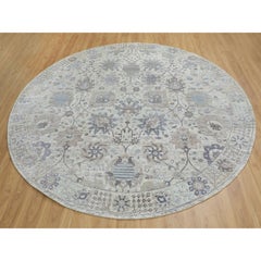 10'x10' Round Ivory Silk With Textured Wool Tabriz Hand Knotted Oriental Rug