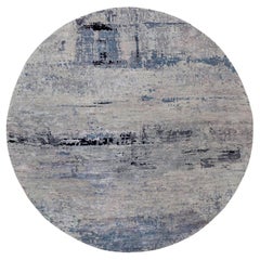 10'x10' Round Silver Blue Wool & Silk Abstract Design Hand Knotted Rug