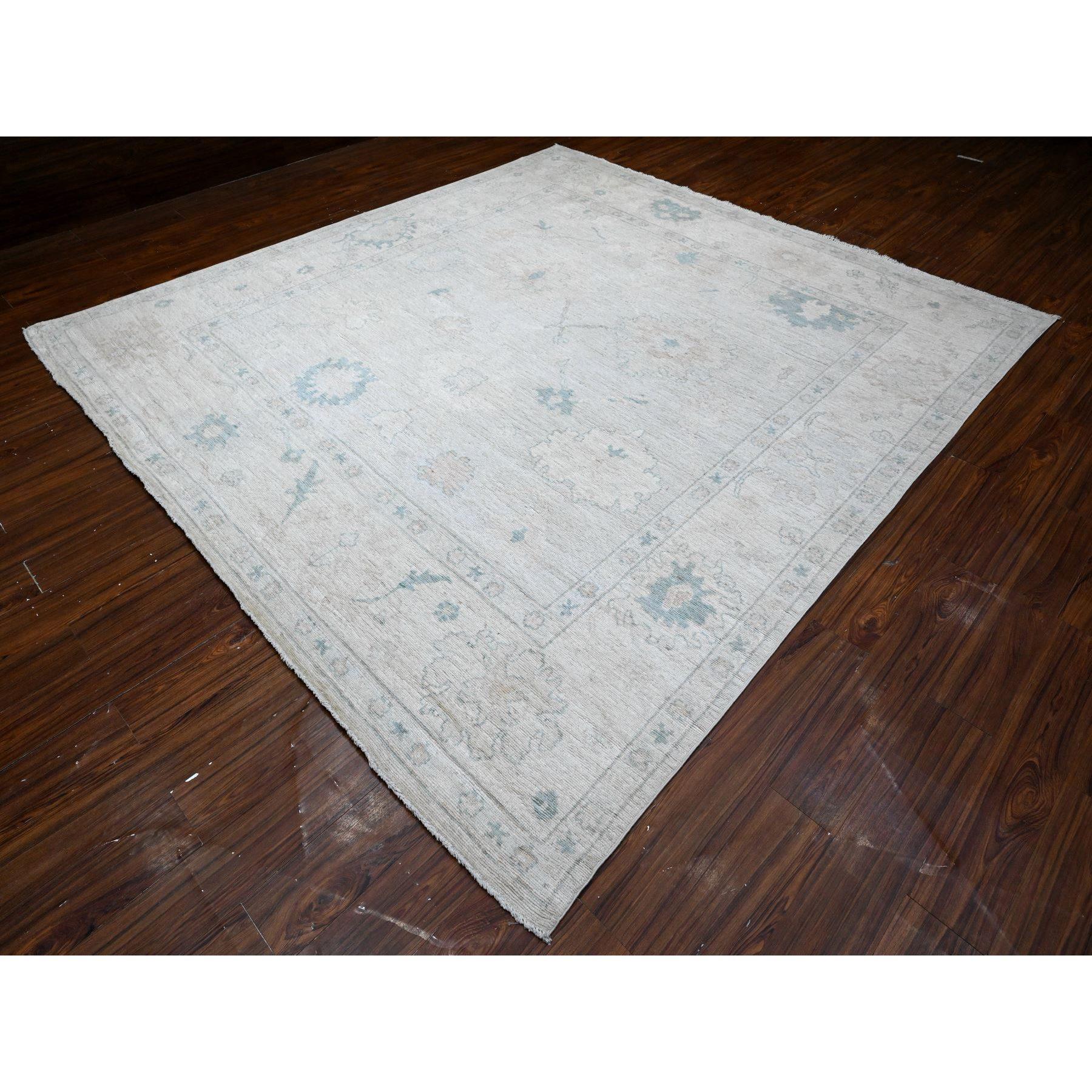 Hand-Knotted 10'x10' Silver Gray Afghan Angora Oushak Village Pattern Square Oriental Rug For Sale
