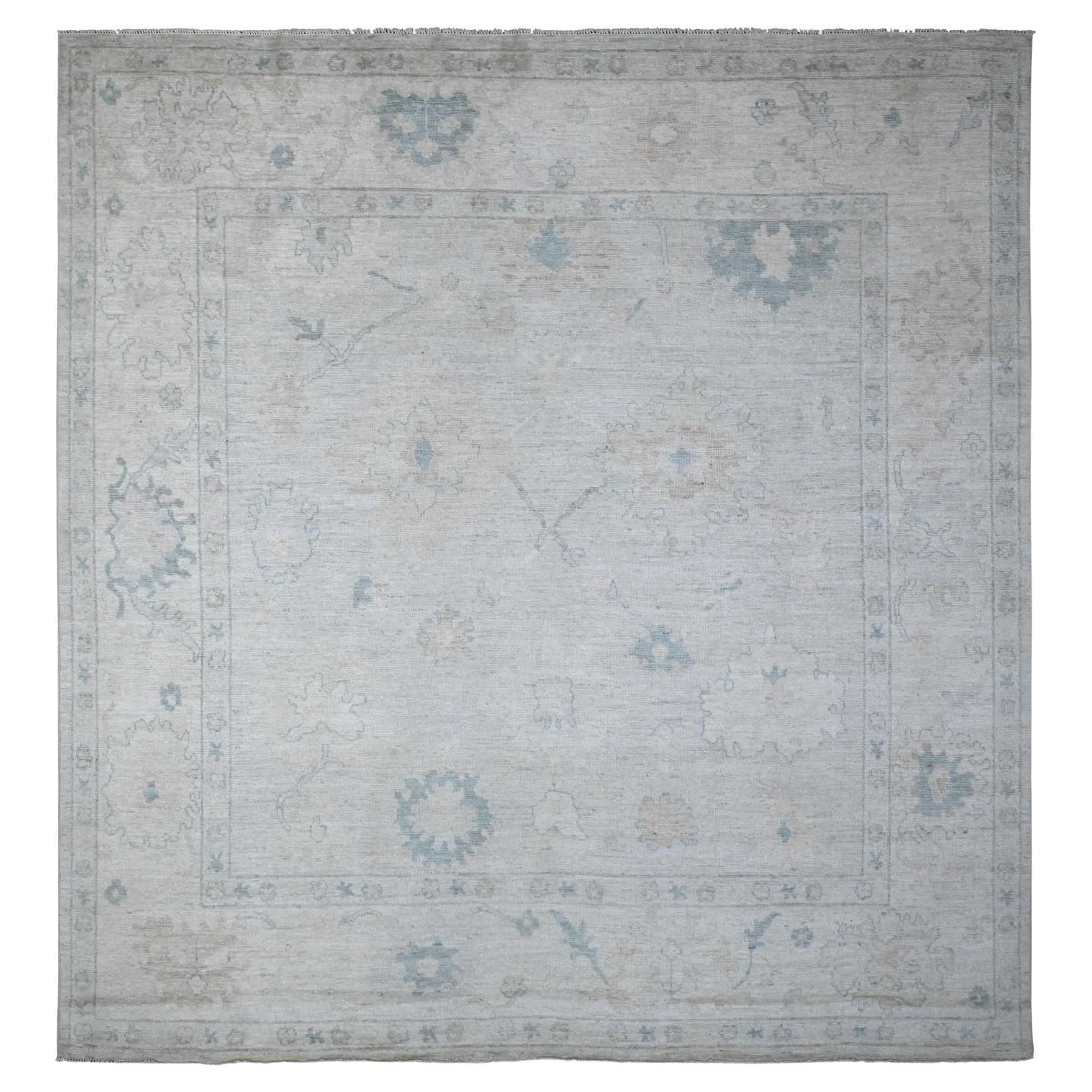 10'x10' Silver Gray Afghan Angora Oushak Village Pattern Square Tapis d'Orient