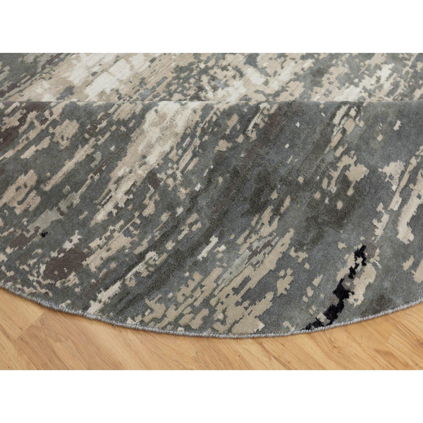 Contemporary 10'x10' Taupe Hi-Low Pile Abstract Design Wool and Silk Hand Knotted Round Rug For Sale