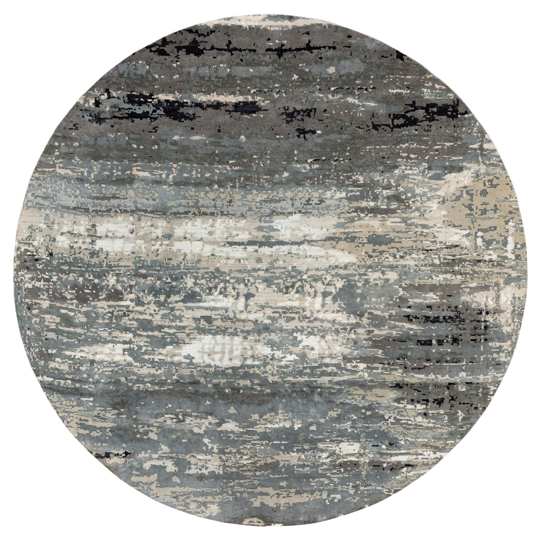 10'x10' Taupe Hi-Low Pile Abstract Design Wool and Silk Hand Knotted Round Rug For Sale