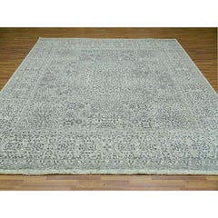 10'x10' White Hand Knotted Undyed Mamluk Dynasty Pattern Shiny Wool Square Rug