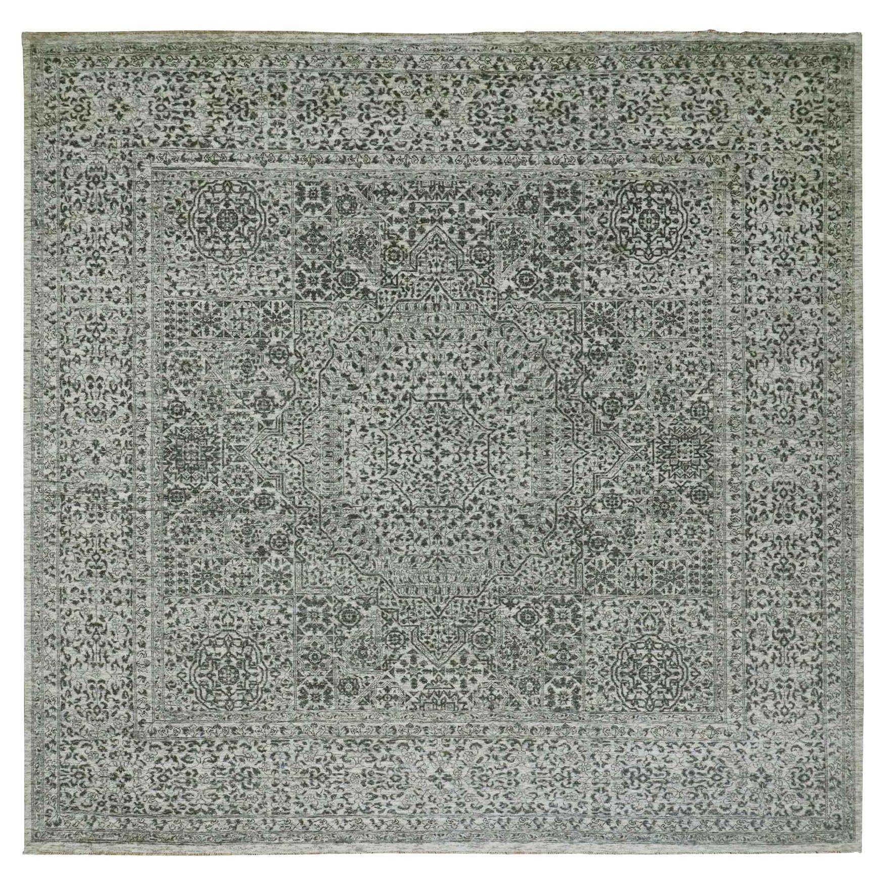 Tappeto quadrato in lana lucida 10'x10' Whiting annodato a mano e non colorato con motivo della dinastia Mamluke