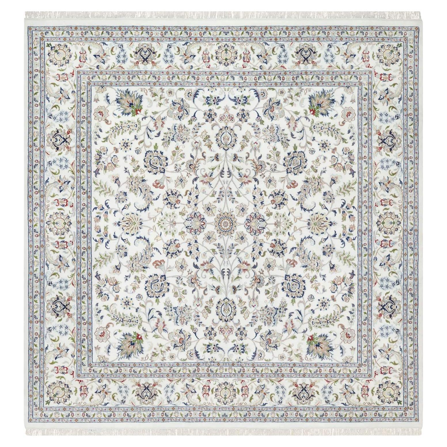10'x10' White, Wool and Silk, Hand Knotted, 250 KPSI, Nain Design Square Rug